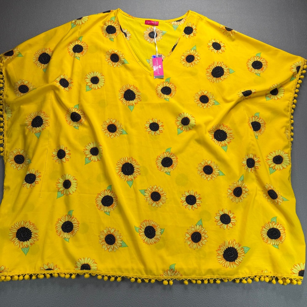 Simply Southern Poncho Women Plus‎ Yellow Wild Sunflower Pom Pom Coverup NWT